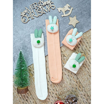 2 pcs set of Cream & Peach, 3d Rabbit Face Socks for Kids (2 Pairs sets)