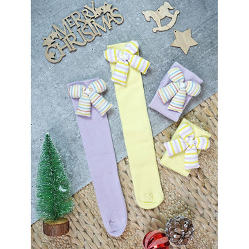 2 pcs set of Yellow & Purple, 3d ribbed Bow Socks for Kids (2 Pairs sets)