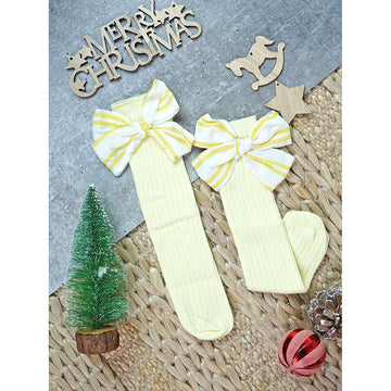 Lemon Yellow Striped 3d Big Bow Socks for Kids