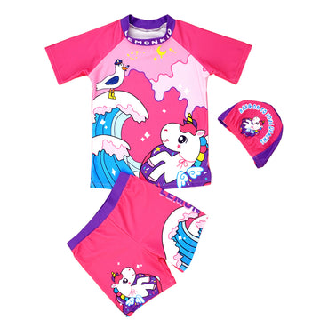 2pcs Dark Pink Unicorn Moon,Kids UPF 50+ Swimwear with matching Swim Cap