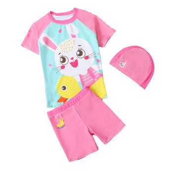 2pcs Pink & Blue Rabbit Duck theme Kids UPF 50+ Swimwear with matching Swim Cap