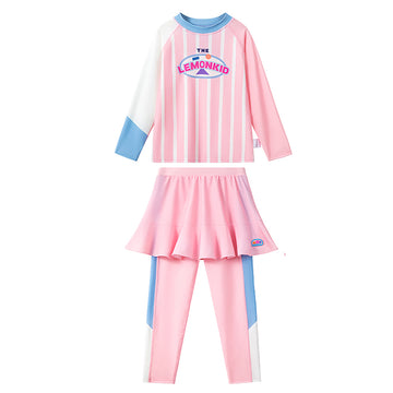 2pcs Bold Pink Stripes Swimsuit for Girls with UPF 50+.