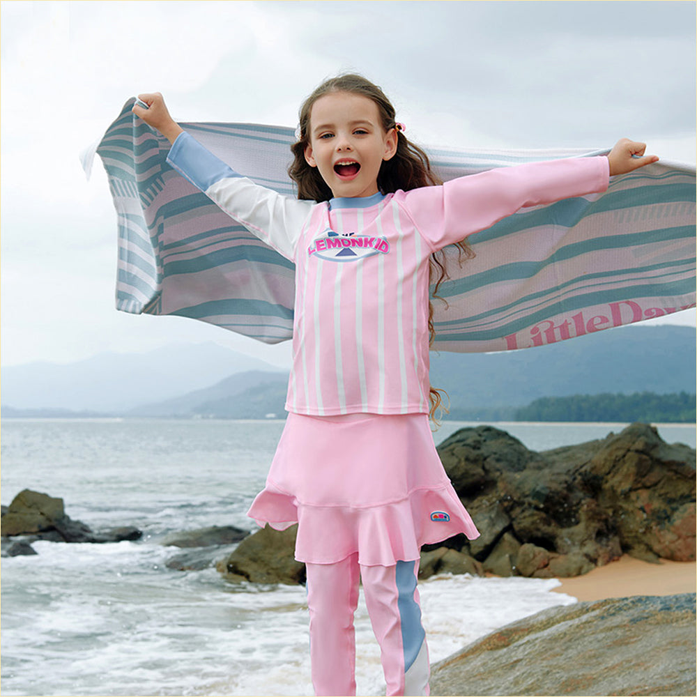 2pcs Bold Pink Stripes Swimsuit for Girls with UPF 50+.
