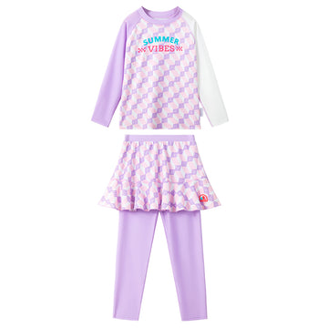 2pcs Purple Checkered Swimsuit for Girls with UPF 50+.