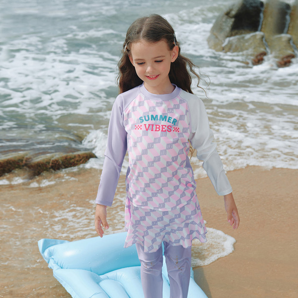 2pcs Purple Checkered Swimsuit for Girls with UPF 50+.