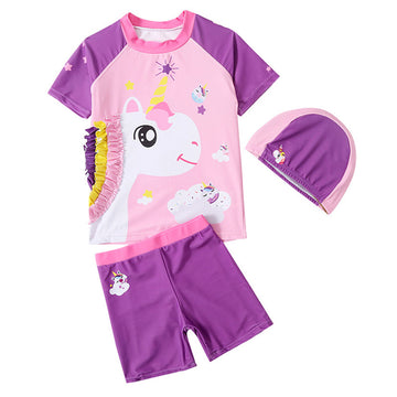 2pcs Purple Frill Uni Kids UPF 50+ Swimwear with matching Swim Cap