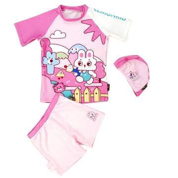 2pcs Shirt & Shorts set Baby Pink Rabbit Toy Kids UPF 50+ Swimwear with matching swim cap