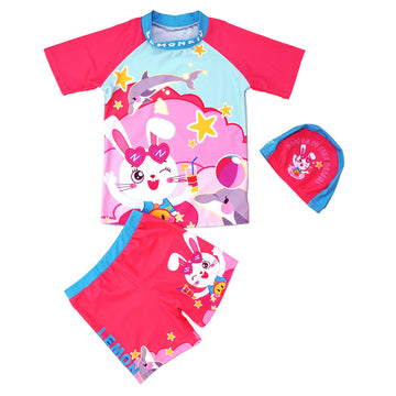 2pcs Pink Starry Rabbit,Kids UPF 50+ Swimwear with matching Swim Cap