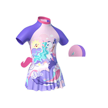 3d Tail Purple Mermaid Unicorn Frock style Kids Swimwear with matching Swim Cap with UPF 50+