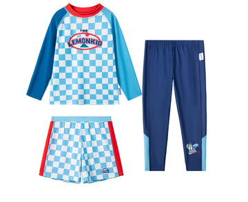 3pcs Blue Checkered Swimsuit for Boys with UPF 50+.