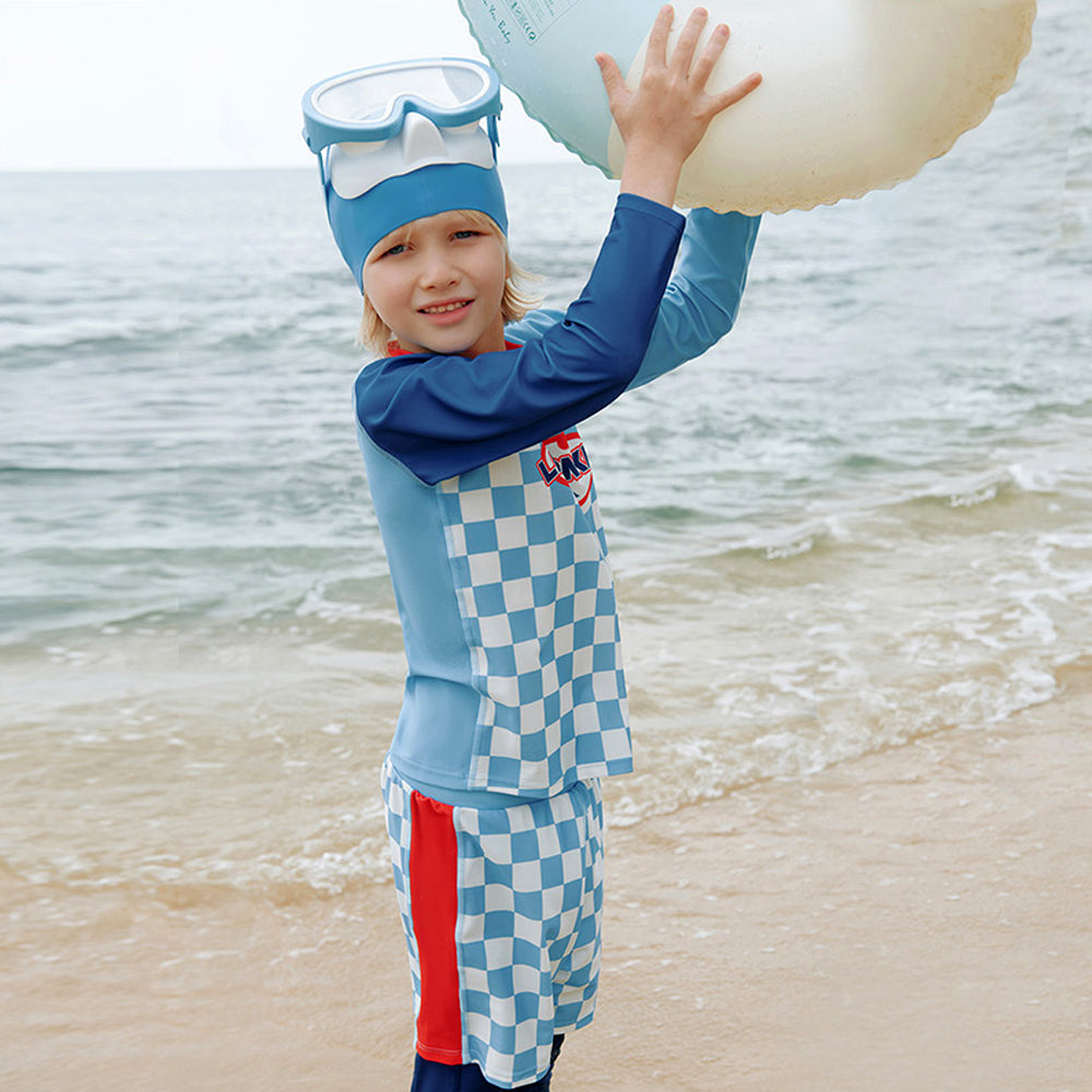 3pcs Blue Checkered Swimsuit for Boys with UPF 50+.