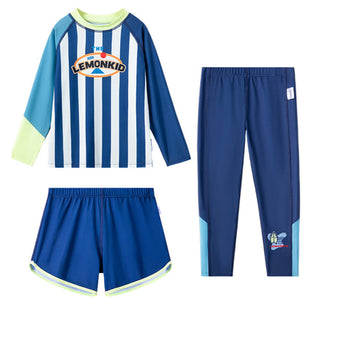 3pcs Bold Blue Green Stripes Swimsuit for Boys with UPF 50+.