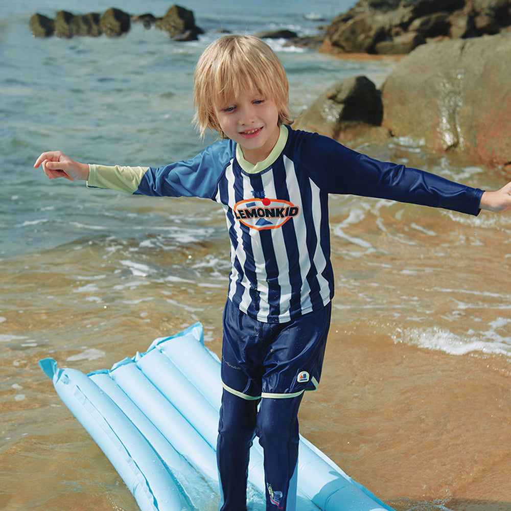 3pcs Bold Blue Green Stripes Swimsuit for Boys with UPF 50+.