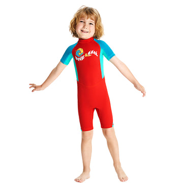 Knee Length Dive Red & Teal Green Printed Kids Swimwear In Upf 50+ Fabric