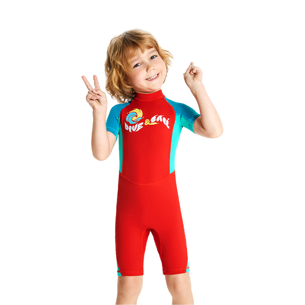 Knee Length Dive Red & Teal Green Printed Kids Swimwear In Upf 50+ Fabric