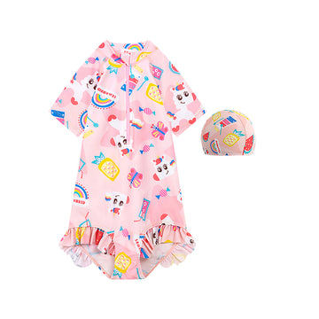 Pink Fruits and Rainbow Kids Swimwear with matching Swim Cap with UPF 50+