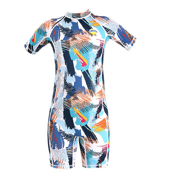 One piece Knee Length Kids Swimwear Geometric print, UPF 50+ with Cap