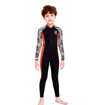 Full Length Orange & Black Palm Leaves Printed Kids Swimwear In Upf 50+ Fabric
