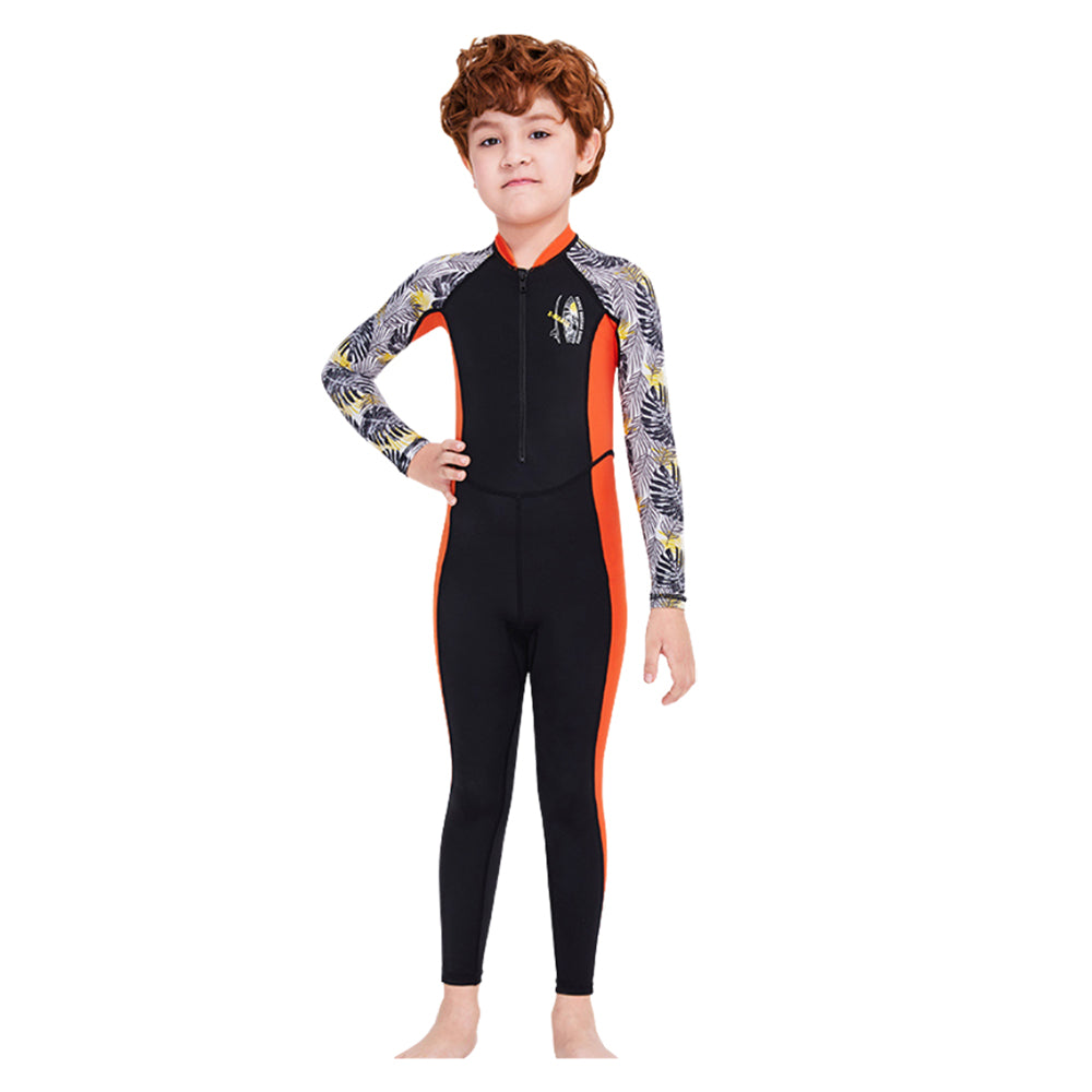 Full Length Orange & Black Palm Leaves Printed Kids Swimwear In Upf 50+ Fabric