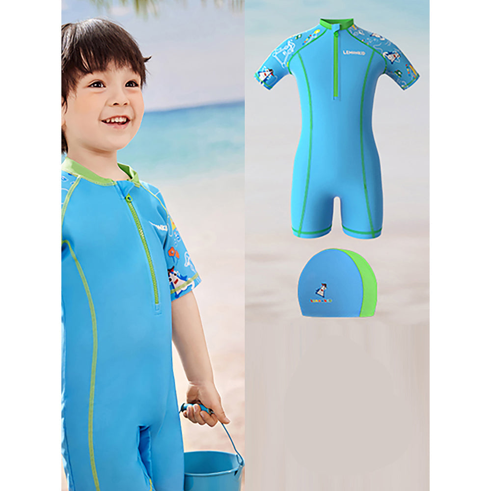 Light Blue & Green Pirates Shark Swimwear for Kids Kids Swimwear with matching Swim Cap with UPF 50+
