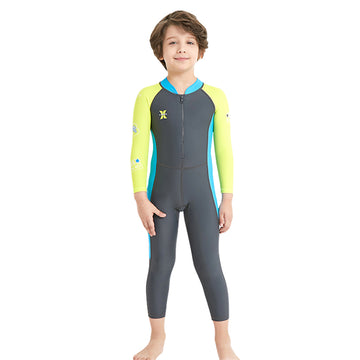 Grey Fluroscent Quote Sleeves Full Length Kids Swimwear With Upf 50+ Feature