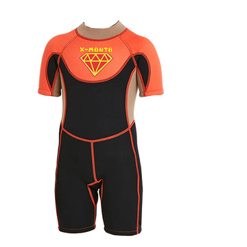 Superhero Brown & Orange 2.5mm Neoprene Knee Length Kids Swimsuit, Half Sleeves Swimwear