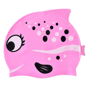 Black Polka Pink Fishy , Silicone Kids Swim Cap, 5 years -15 years