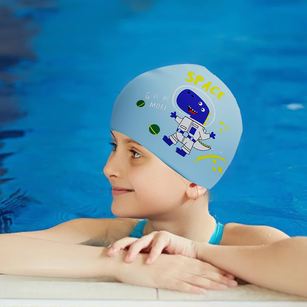 Blue Astro Dino, Silicone Kids Swim Cap,  4 years - 10 years