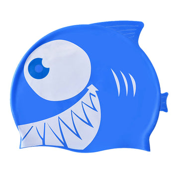 Blue & White Jaw Fish , Silicone Kids Swim Cap, 5 years -15 years