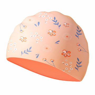 Peach Small Flower Print Swimming Cap for Kids and Adults, 10 years and above.