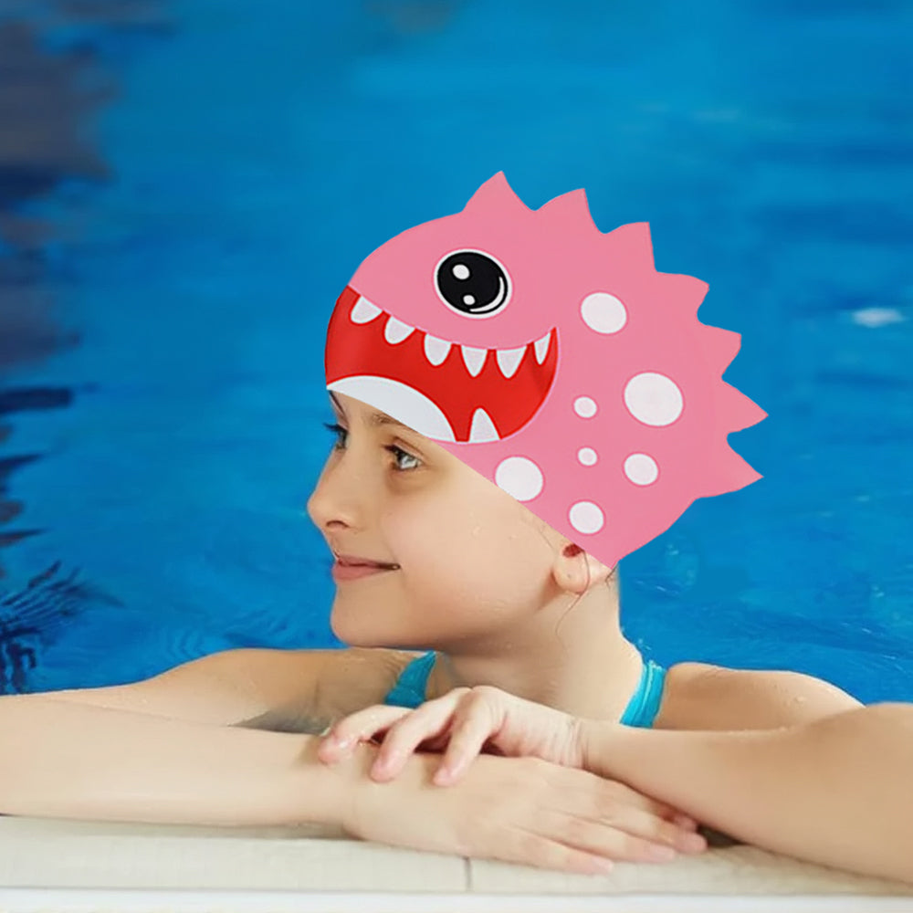 3d White Polka Pink , Silicone Kids Swim Cap, 5 years -15 years
