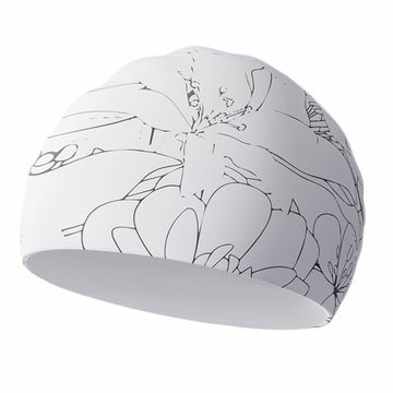 White Sketch Print Swimming Cap for Kids and Adults, 12 years and above.