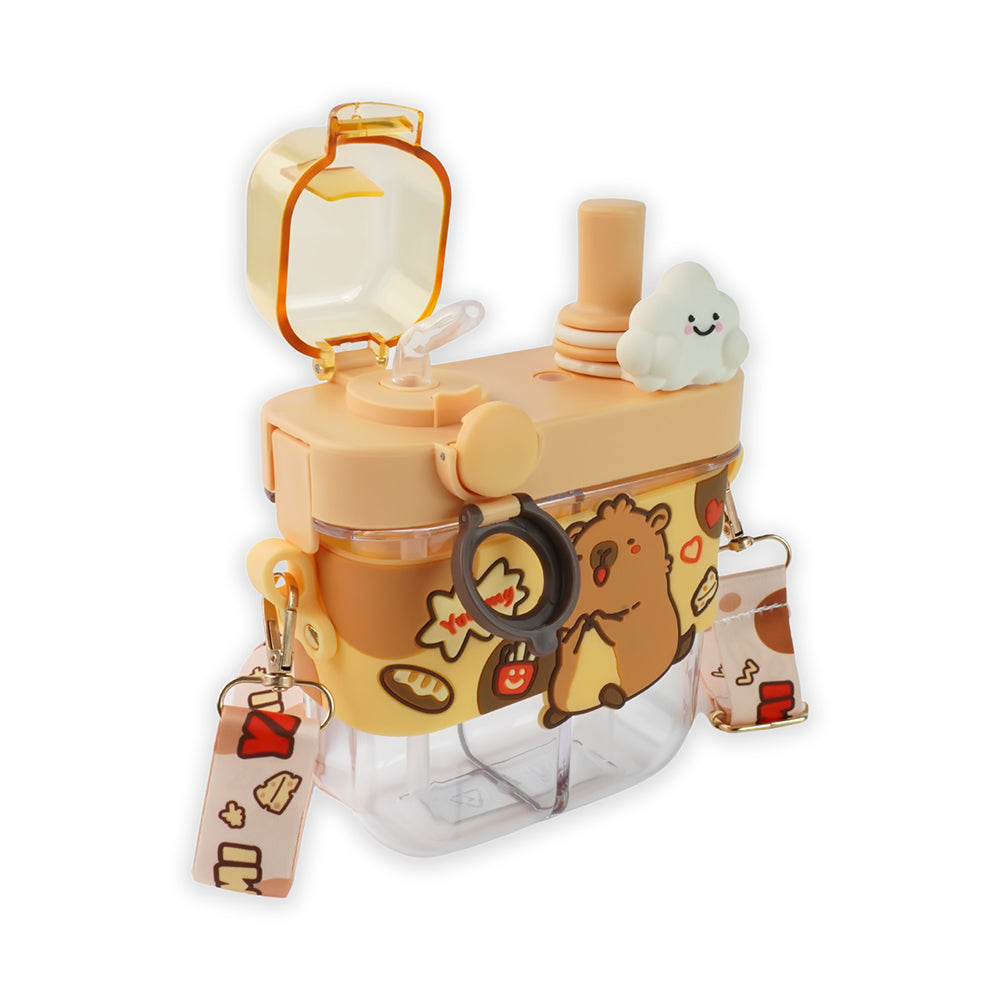 Dual Beverage compartment, Brown Capybara Tritan Kids Water Bottle, 580ml, 2yrs +