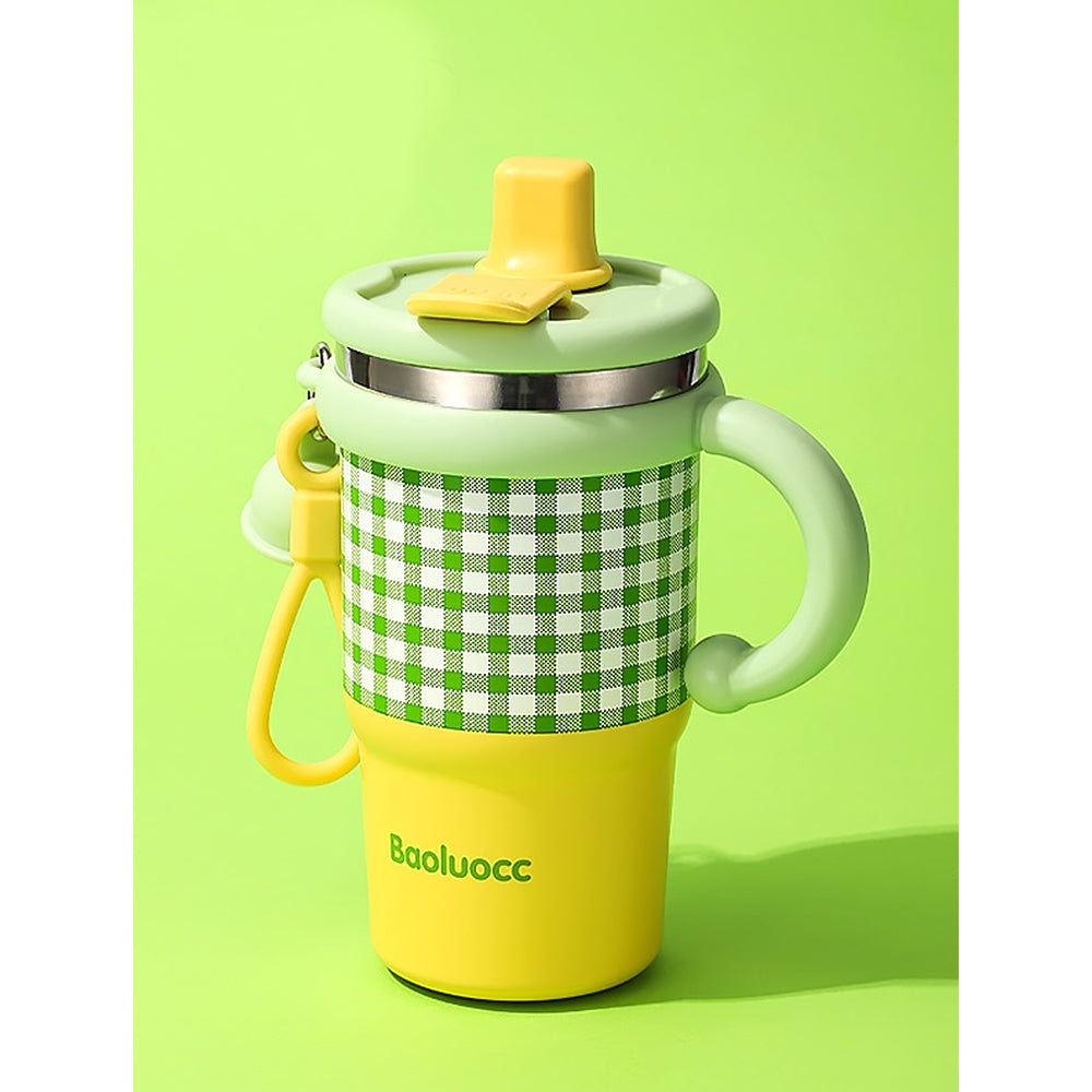 Yellow & Green Checkered Stainless Steel Tumbler for Kids and Adults, 550ml