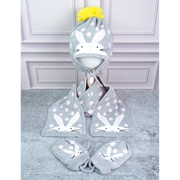 3pcs Grey Bunny Rabbit matching Beanie Winter Cap, Mufflers and Gloves set, 5-10 Years
