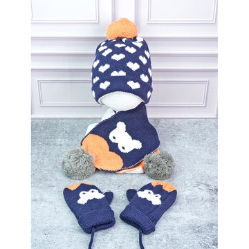 3pcs Navy & Orange Fox matching Beanie Winter Cap, Mufflers and Gloves set, 5-10 Years