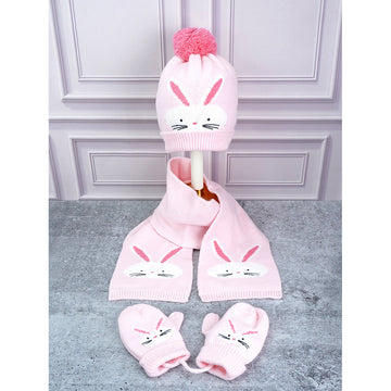 3pcs Pink Bunny Rabbit matching Beanie Winter Cap, Mufflers and Gloves set, 5-10 Years