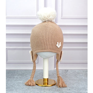 Brown Butterfly Knitted soft Woolen Winter Cap with tie up, 6-18 months