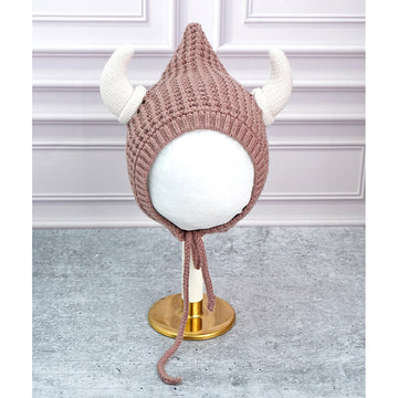 Brown Baby Horns Knitted soft Woolen Winter Cap with tie up, 6-18 months