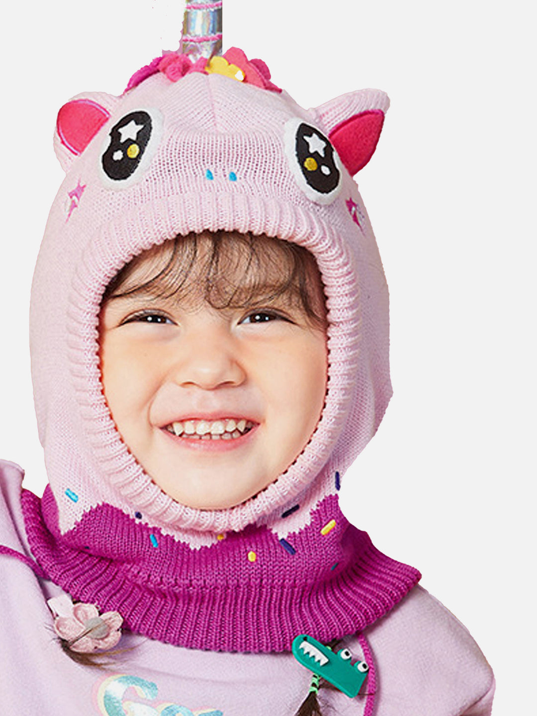 Knitted Pink Border Unicorn theme Winter Cap covering  Neck , Ears and Head