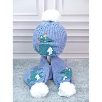 Little Surpise Box , 2pcs Blue party Dino themed Beanie Winter Cap with matching Long style Neck Mufflers for Kids, 4-10 Years