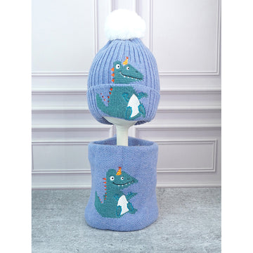 2pcs themed Blue party Dino themed Beanie Winter Cap with matching Neck Cuff style Muffler for Kids, 4-10 Years