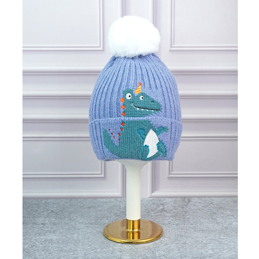 2pcs themed Blue party Dino themed Beanie Winter Cap with matching Neck Cuff style Muffler for Kids, 4-10 Years