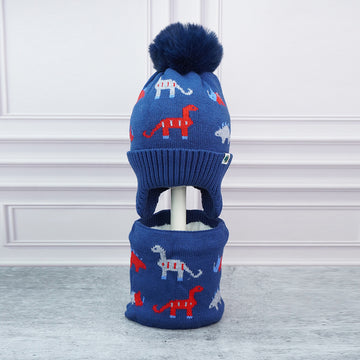 2pcs Blue & Red Dino themed Beanie Winter Cap with matching Neck Cuff style Muffler for Kids, 5-15 Years