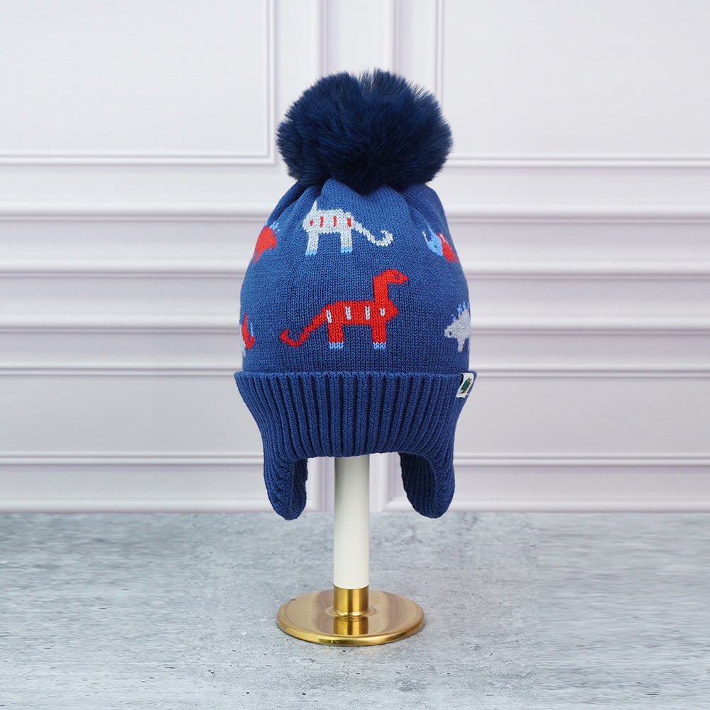 2pcs Blue & Red Dino themed Beanie Winter Cap with matching Neck Cuff style Muffler for Kids, 5-15 Years