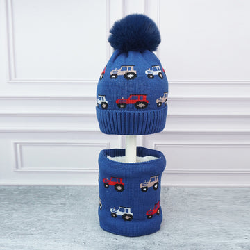 2pcs Dark Navy Cars themed Beanie Winter Cap with matching Neck Cuff style Muffler for Kids, 5-10 Years