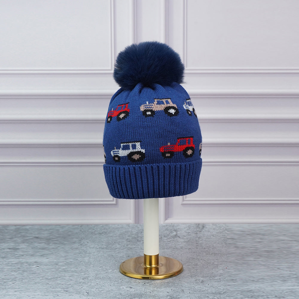 2pcs Dark Navy Cars themed Beanie Winter Cap with matching Neck Cuff style Muffler for Kids, 5-10 Years