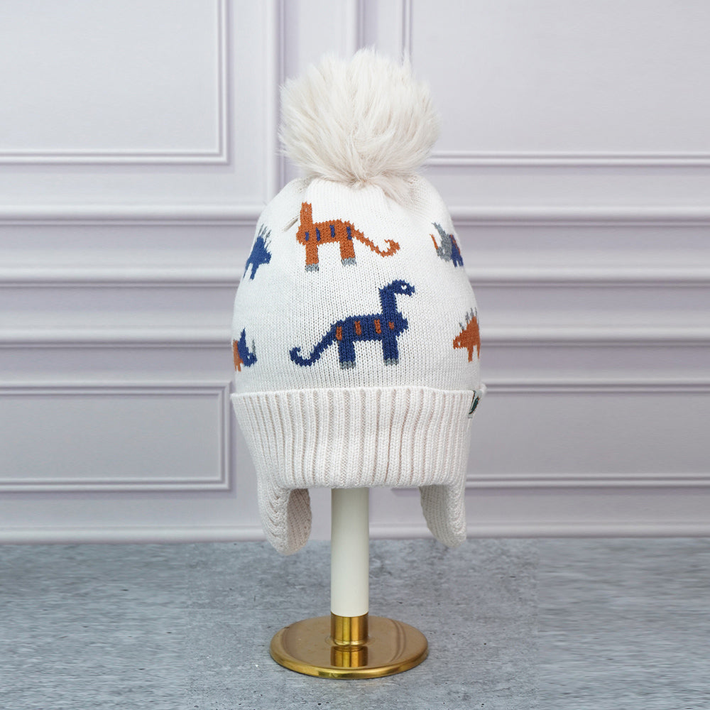 2pcs Cream Dino themed Beanie Winter Cap with matching Neck Cuff style Muffler for Kids, 5-15 Years