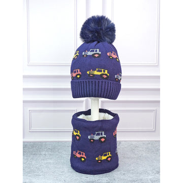 2pcs Blue Red Cars themed Beanie Winter Cap with matching Neck Cuff style Muffler for Kids, 5-10 Years
