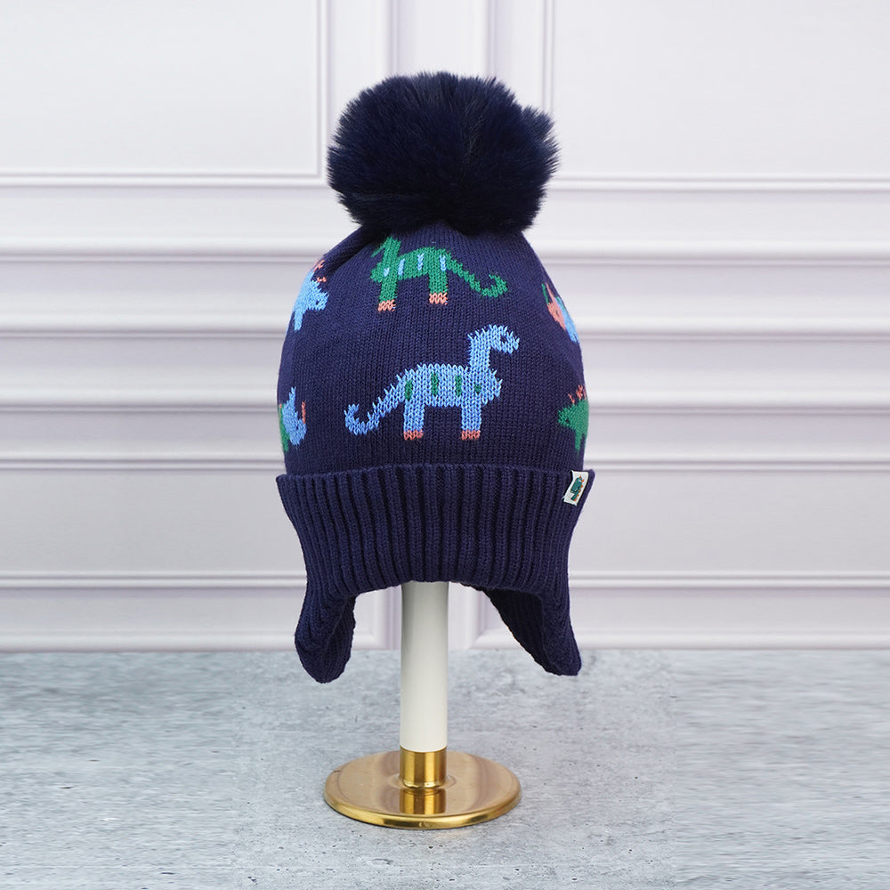 2pcs Dark Navy Dino themed Beanie Winter Cap with matching Neck Cuff style Muffler for Kids, 5-15 Years